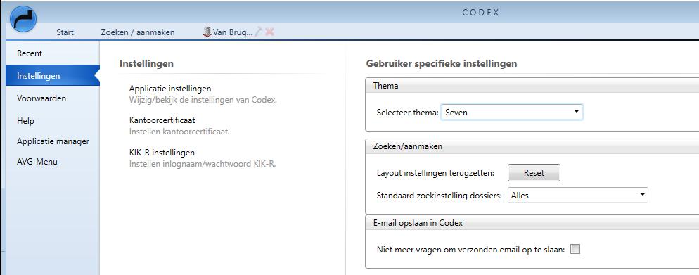 Dossiers (zaken) Onder de Van Brug info knop onder [Instellingen] is het ook mogelijk om in te stellen, dat er niet elke keer wordt gevraagd om een verzonden mail op te slaan in Codex.