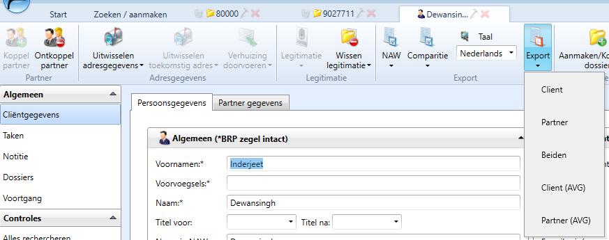 Natuurlijke Personen In verband met de regelgeving voor de AVG kunt u via de knoppen [Client (AVG] en/of Partner (AVG) een overzicht van de cliëntgegevens exporteren