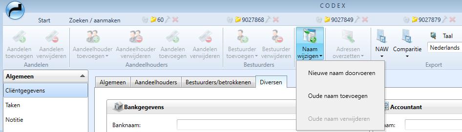 toevoegen] en [Bestuurder verwijderen]. Diversen Op het tabblad [Cliëntgegevens] heeft u tevens het tabblad [Diversen] tot uw beschikking.