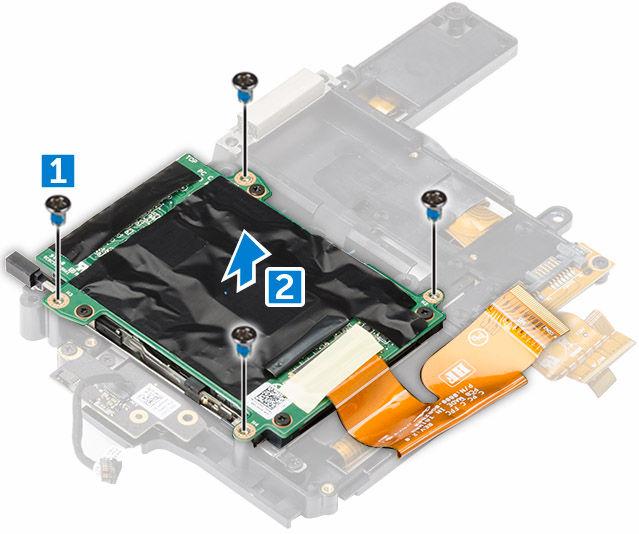 De ExpressCardmodule plaatsen 1. Plaats de ExpressCard-kaart in de sleuf. 2. Plaats de schroeven waarmee de ExpressCard-kaart wordt bevestigd. 3. Plaats: a. beugel van de kaart b. harde schijf c.