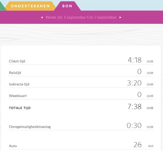 Bon Via het tabblad Bon is een overzicht van de uren per week zichtbaar. Ook op de bon kan genavigeerd worden naar een andere week.