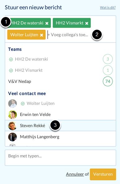 Teams en medewerkers kiezen Standaard staat geselecteerd dat het bericht dat je maakt naar je eigen team verstuurd wordt (1).