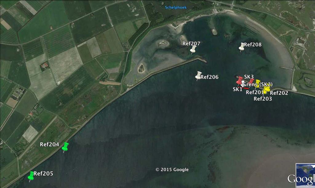 Figuur 13. De ligging van de nieuwe bestorting (tussen SK1 en SK3; rode punten) en van de bemonsterde reguliere vislocaties (dit zijn niet dezelfde als de duiktransecten).