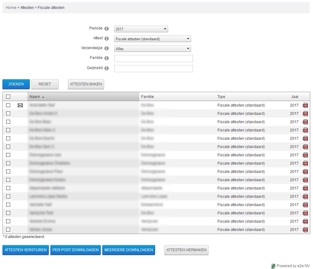 8.4 Attesten overzicht Onder Lijsten -> Fiscale attesten -> Overzicht kunnen de reeds gegenereerde attesten geraadpleegd worden.
