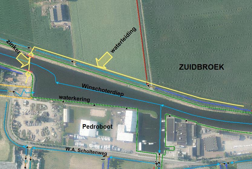 5. Bijzondere voorschriften 5.1. Plaats en uit te voeren werken a. De werkzaamheden worden uitgevoerd in de waterkering van het Winschoterdiep, ten westen van het bedrijf Pedroboot te Zuidbroek.