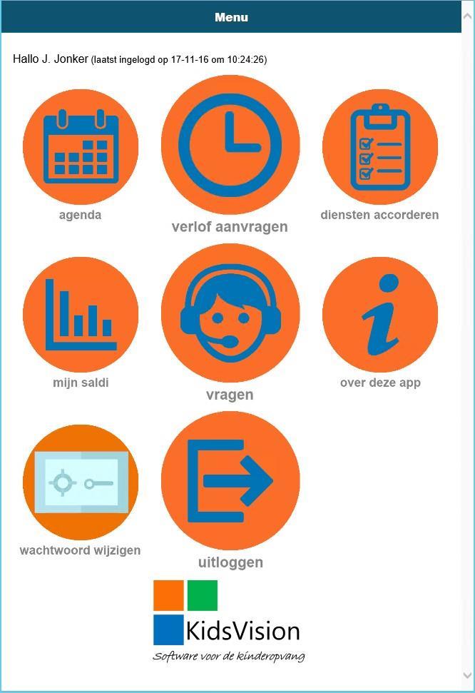 Als je ingelogd bent kom je standaard in de agenda terecht, zodat je direct ziet voor welke diensten je deze week ingepland bent. Het icoon Agenda wordt dan ook als eerste behandeld.