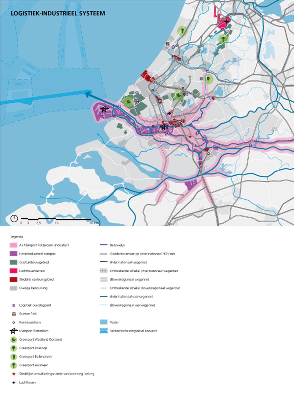 Logistiek- industrieel systeem Het logistiek-industriële systeem langs rivieren en zware infrastructuur bundelt de hoofdstromen van goederen en het havenindustrieel complex, de greenports, de