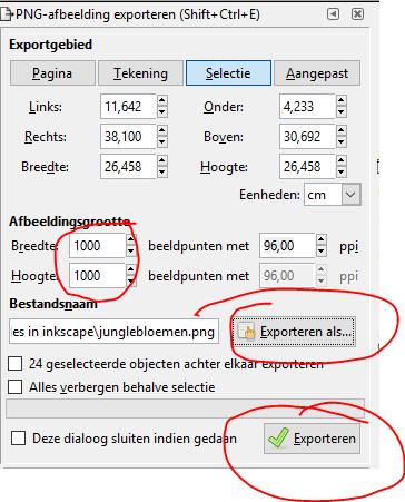 6 Stap 6: Exporteren naar PNG-formaat Selecteer het vierkant met alles erin. Exporteer als een png met een exacte afmeting van 1000 op 1000 pixels. Of naar een afmeting in centimeters, bv.