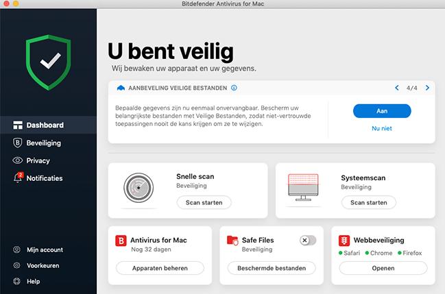 Belangrijk Wanneer u Bitdefender Antivirus for Mac voor het eerst opent op macos Mojave 10.14 of een nieuwere versie, verschijnt er een beschermingsaanbeveling.