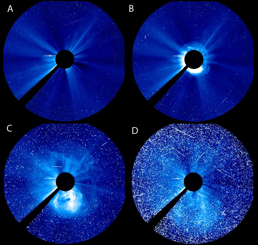 Open vraag VII ) We zien hier 4 opnamen van een astrofysisch verschijnsel, genomen op opeenvolgende tijdstippen A t/m D. a) Welk object wordt er waargenomen met deze telescoop?