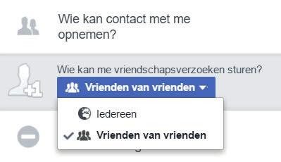 Om de instellingen te wijzigen klik je op het pijltje naast Openbaar. Er schuift nu een venster uit met een aantal keuzes. Je kunt kiezen voor Vrienden, Openbaar of op Vrienden, behalve.