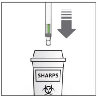 8. Gebruikte pennen wegwerpen: Werp de gebruikte pennen weg in een naaldencontainer (afsluitbare container waar naalden niet doorheen kunnen prikken).