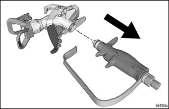 Ontkoppel de materiaalslang van het pistool bij de wartel (7). 3. Haal de trekkerbeschermer (5) van het huis (1) zoals afgebeeld. 6. Verwijder het filter (8) door de bovenzijde van het handvat (10).