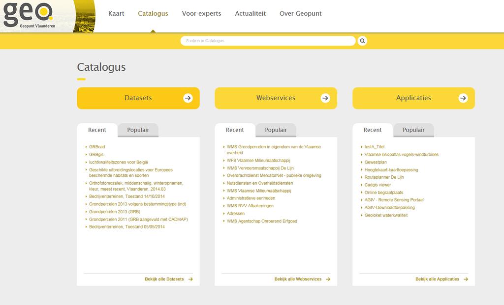2.2 Catalogus De Geopunt-catalogus bevat de datasets, webservices en applicaties van het Agentschap Informatie Vlaanderen en derde partijen die deze beschikbaar stellen voor het publiek.