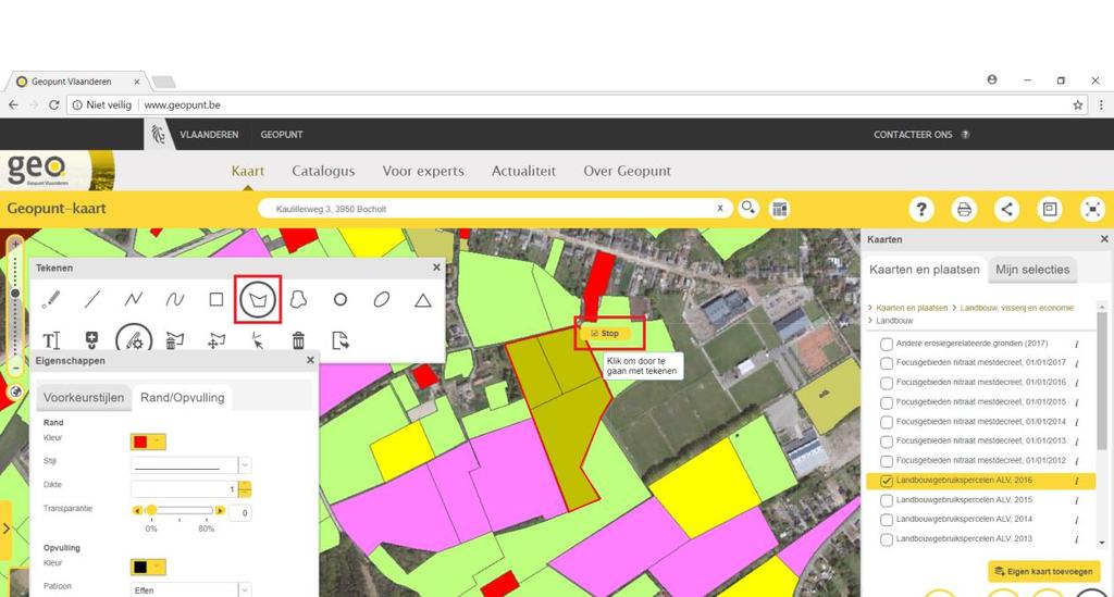 Als je op Stop hebt geklikt, verschijnt het perceel rechts in