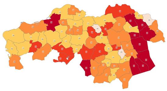 FIGUUR 3 Omvang (%) ernstig geurgehinderden ( ernstige geurhinder van stallen met vee, pluimvee en dergelijke ) op gemeenteniveau.