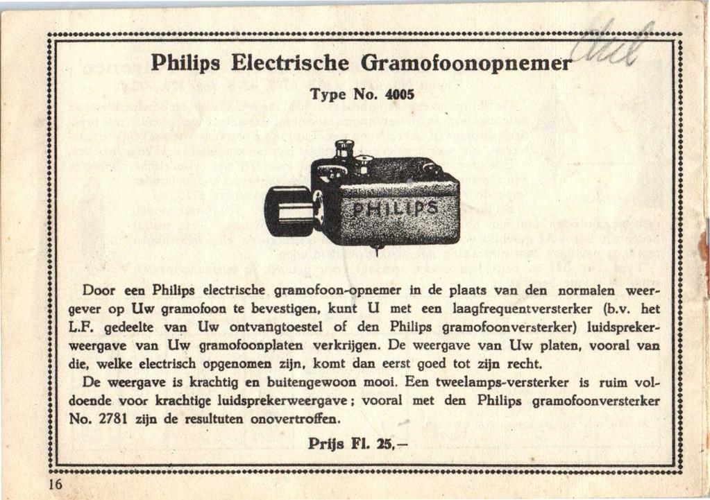 Phlps Electrísche Gramofoonopnemer Type No.