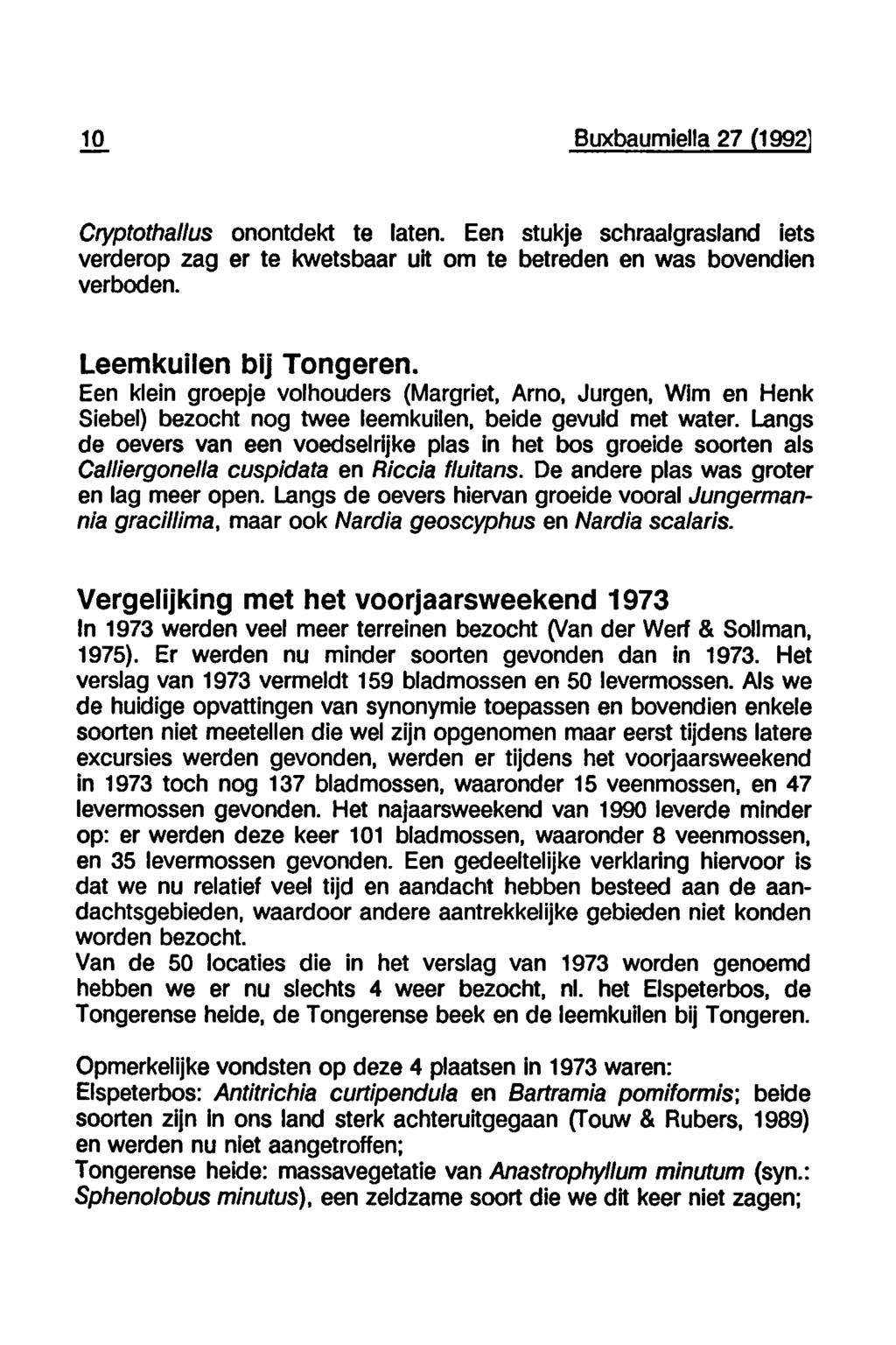 10 Buxbaumiella 27 (1992 Cryptothallus onontdekt te laten. Een stukje schraalgrasland iets verderop zag er te kwetsbaar uit om te betreden en was bovendien verboden. Leemkuilen bij Tongeren.