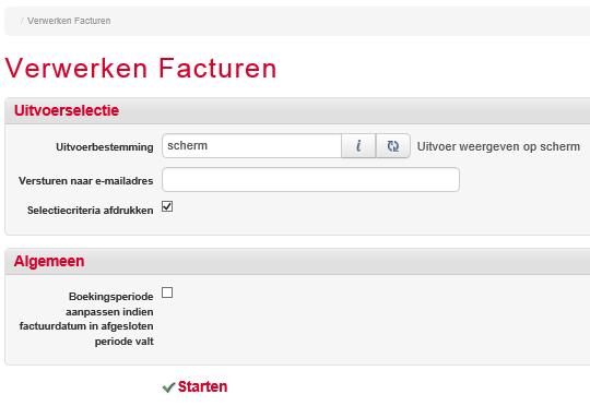 De navolgende selectie- / verbijzonderingsmogelijkheden zijn beschikbaar: Uitvoerbestemming Vanaf boekstuknummer T/m boekstuknummer Factuurdatum bepalen op basis van: datum op conceptfactuur of op