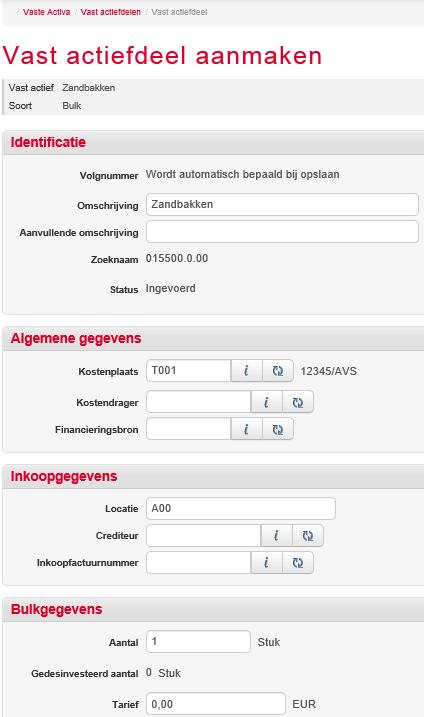 Voer de Identificatie gegevens in. Volgnummer: Opmerking Het volgnummer wordt automatisch opgehoogd en kan niet handmatig worden aangepast. Omschrijving: Een omschrijving van het vast actief.