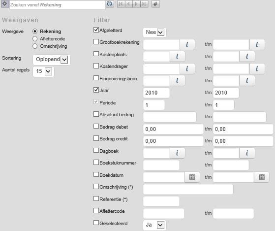 Deze code bestaat uit letters. 3.10.2 Weergaven en filter Via de knop boven de data kan de weergave worden gewijzigd. De standaard weergave staat op Rekening.