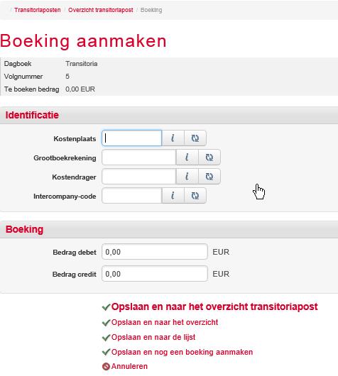 Vul nu de regelgegevens van het boekstuk in. Klik op Boekingen om de journaalpostregels van de geselecteerde transitoriapost vast te leggen. Klik Aanmaken.