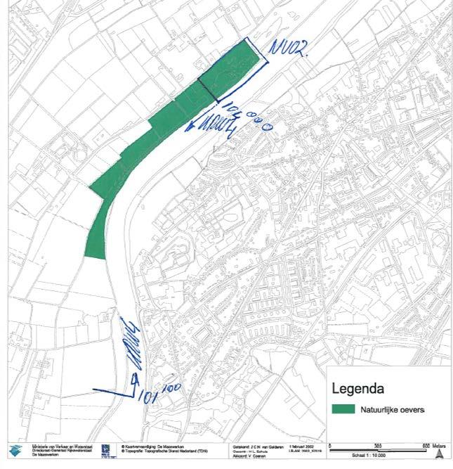 Figuur 1. Ligging van natuurlijke oever langs de westoever van de Maas tussen rivierkm 102,7 en 104,4.