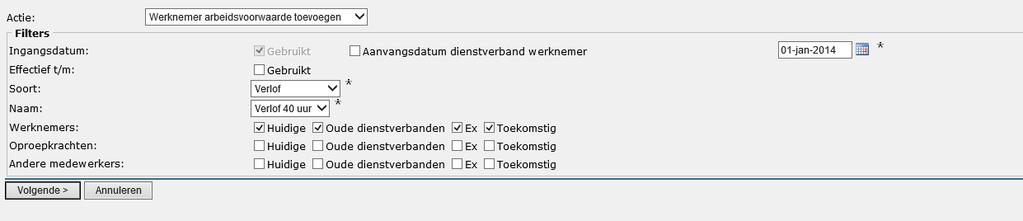 Om groepsgewijs arbeidsvoorwaarden toe te kennen gaat u naar de module Persoonsgegevens Onderhoud Massamutatie arbeidsvoorwaarden. Hierna wordt onderstaande scherm getoond.