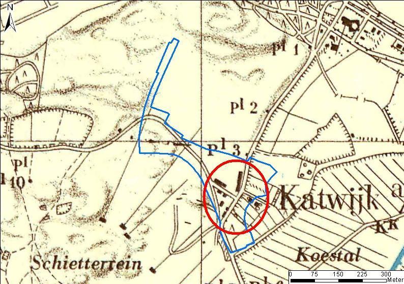 Figuur 10. Gebouwen die dienst deden als uitvalsbasis voor Nederlandse troepen tijdens de gevechten bij Katwijk-Valkenburg van 10-14 mei 1940, rood omcirkeld. Bron: Topografische Dienst. 2.