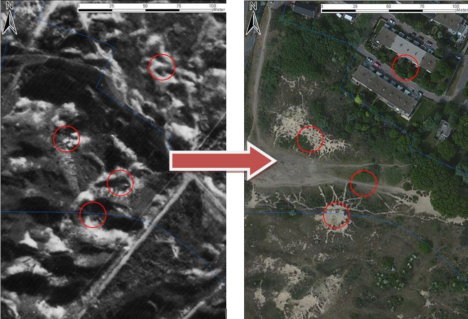 Figuur 25. Situatie op de locaties van de mitrailleurstellingen tijdens de Tweede Wereldoorlog en volgens de recente situatie, zoals beschikbaar via Bing Maps Aerial. 4.