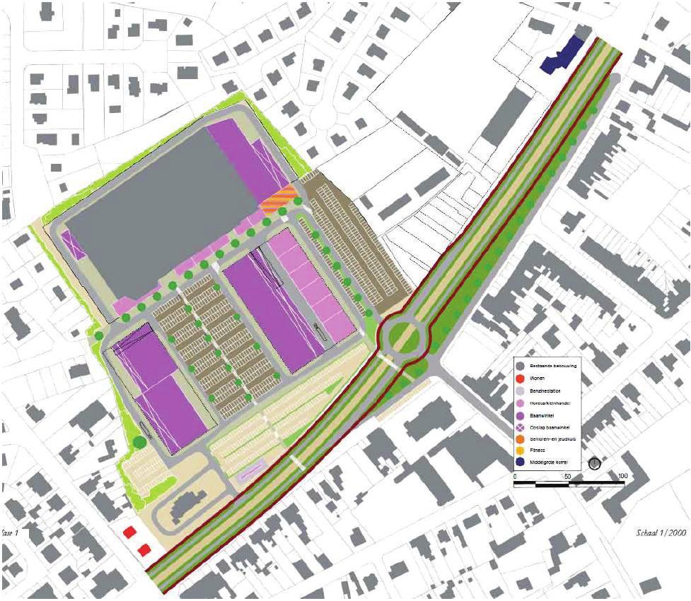 ONTWERPVARIANTE 1: DEEL VAN DE SITE - CARREFOUR Binnen deze ontwerpvariante wordt een voorstel van verdichting van de commerciële cluster voorgesteld die zich enkel richt op de terreinen rond de