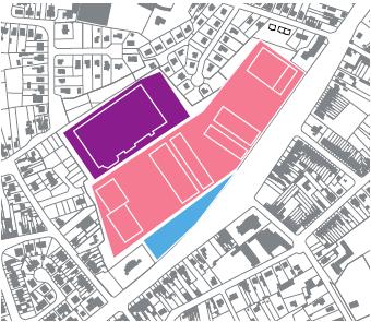 Naast ontsluiting van de verschillende parkeervelden (patio s en dakparkings) wordt de centrale as verder opgeladen met kleinere handels- (krantenwinkel, bakker, broodjeszaak, speciaalzaak, ) en