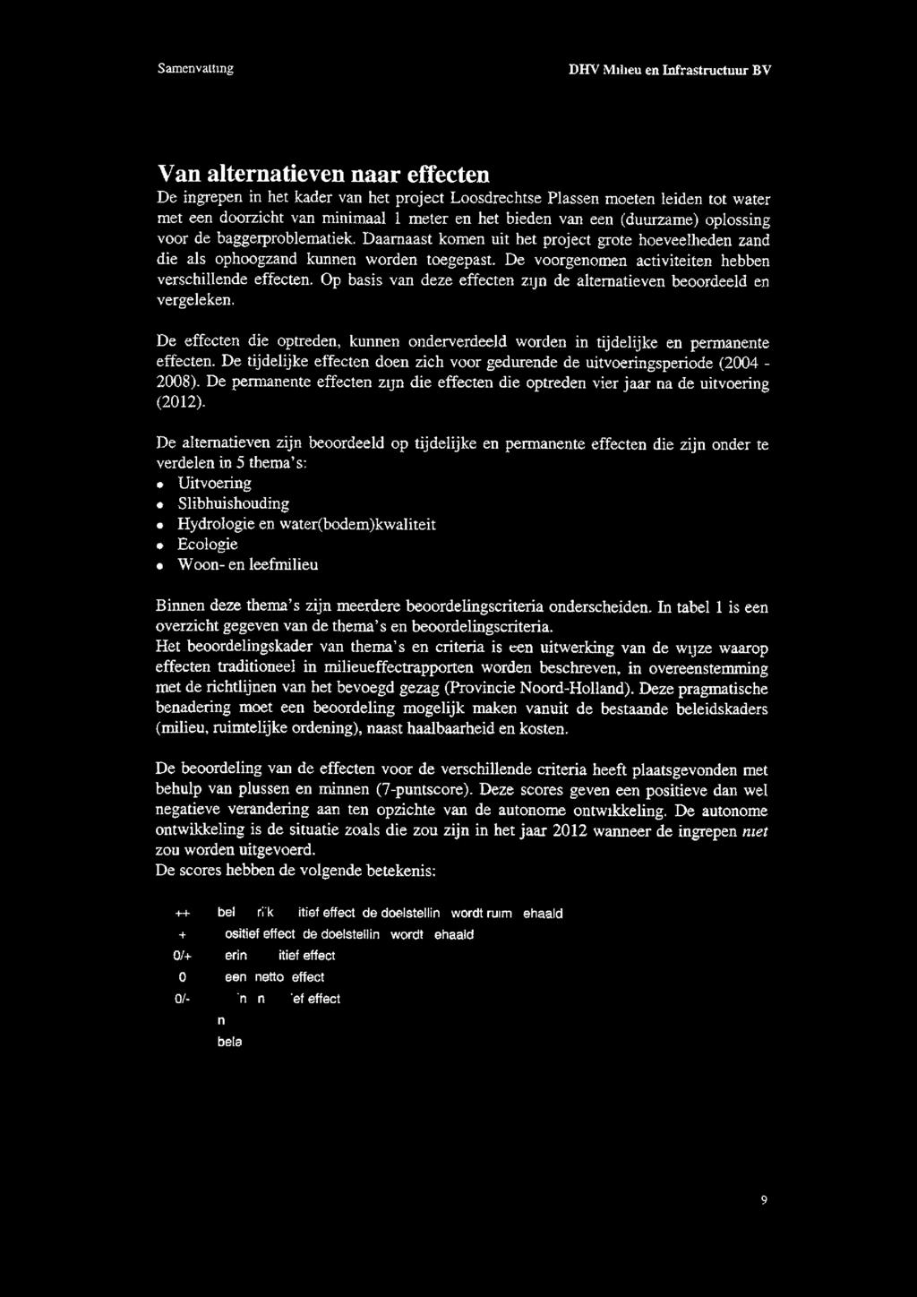 DHV Mileu en Inrastructuur BV Van alternatieven naar effecten De ingrepen in het kader van het project Loosdrechtse Plassen moeten leiden tot water met een doorzicht van minimaal I meter en het