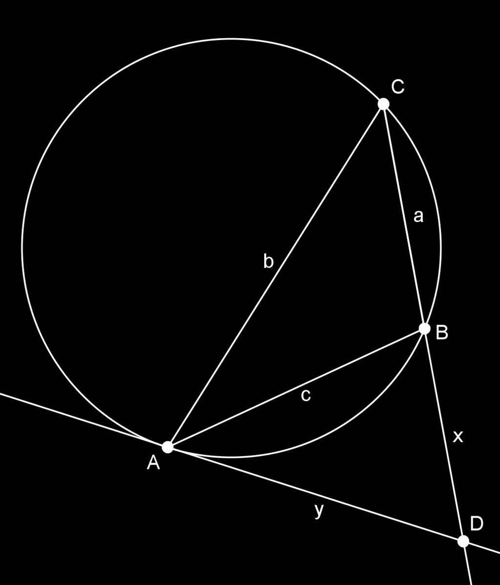 Opgave 2. Zij ABC een driehoek waarvan de zijdelengtes positieve gehele getallen zijn die paarsgewijs relatief priem zijn. De raaklijn in A aan de omgeschreven cirkel snijdt de lijn BC in D.