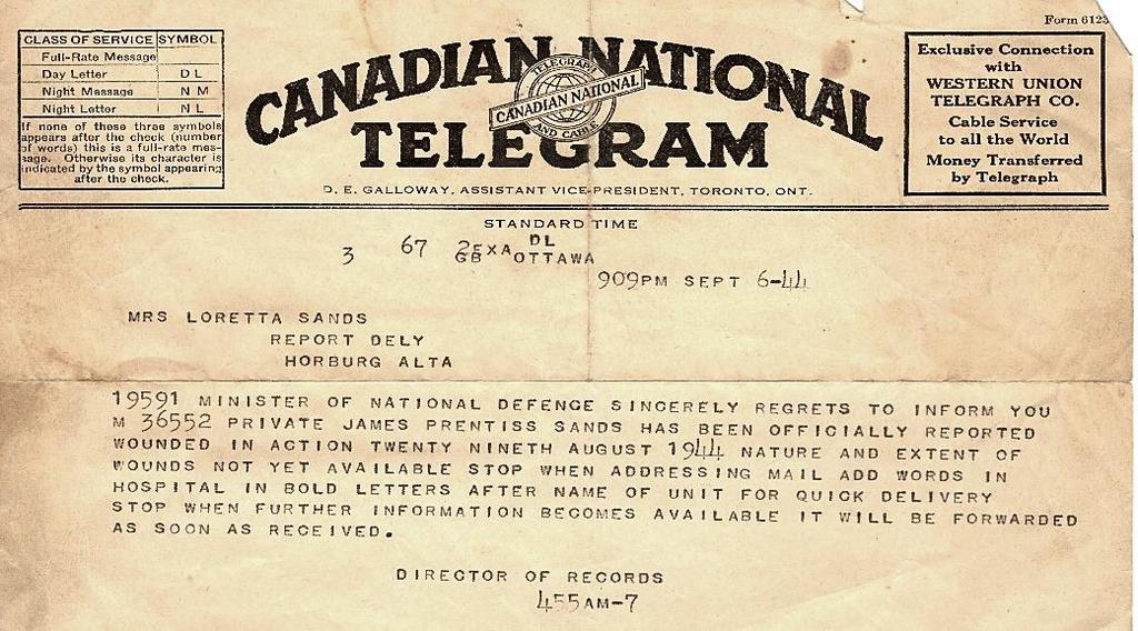 Op 6 augustus 1944, waarschijnlijk vanuit Fleury-sur-Orne waar de Calgary Highlanders van wat welverdiende rust genieten, schrijft hij een brief aan zijn moeder: Lieve mam, Ik heb je brief ontvangen
