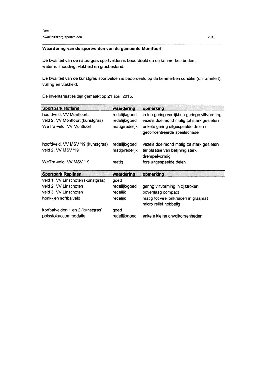 Deel II Waardering van de sportvelden van de gemeente Montfoort De kwaliteit van de natuurgras sportvelden is beoordeeld op de kenmerken bodem, waterhuishouding, en grasbestand.