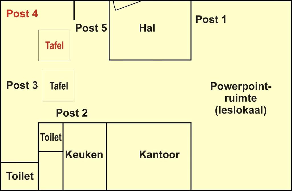 Algemeen Post 4 vindt u in het gebouw in de hoek rechts na binnenkomst (zie plattegrond). Bij de post hoort een tafel.