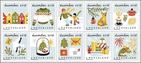 Twintig kerstzegels PostNL: Decemberzegels 2018 Het kerstvelletje telt in 2018 weer twintig postzegels. Elke postzegel komt twee keer voor in het velletje Decemberzegels.