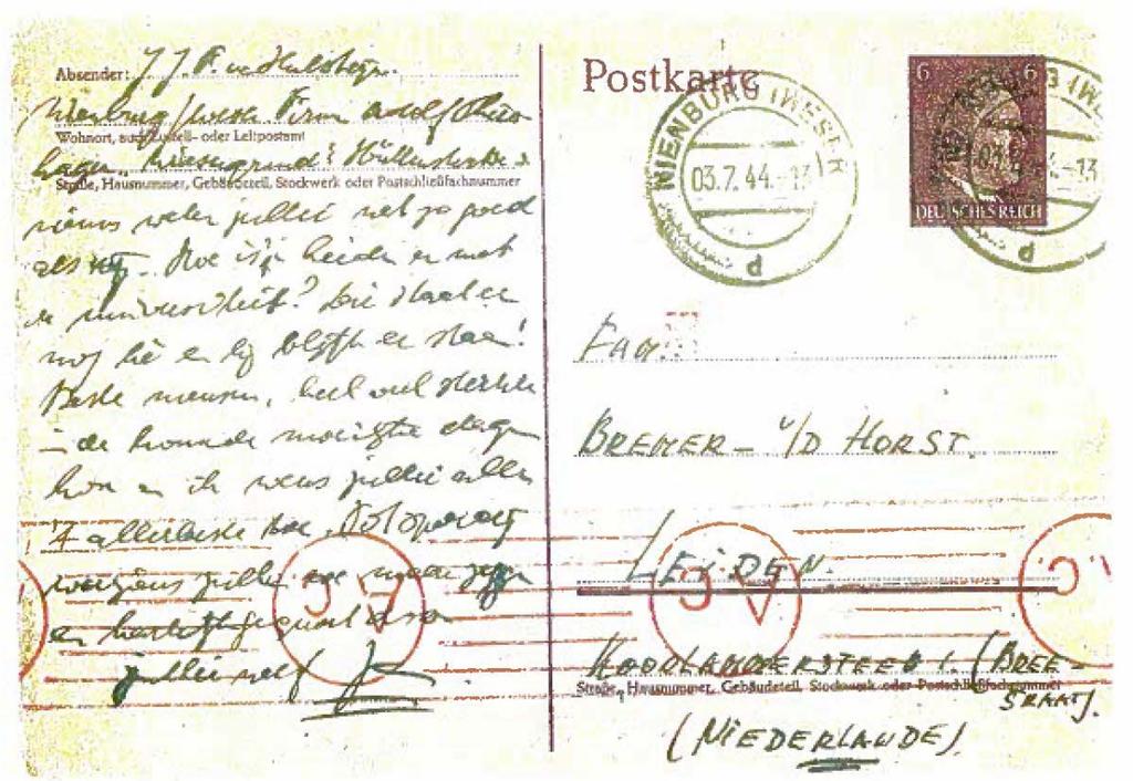 Briefkaart van Jan naar oom en tante in Leiden, Nienburg (Weser) 2 juli 1944 De briefkaart van Jan aan zijn oom en tante in Leiden, lijkt gewoon op zo veel kaarten gestuurd vanuit Duitsland, waar Jan