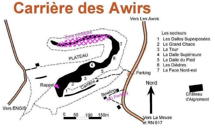 CARRIÈRE DES AWIRS Parkeren Het is af te raden de auto op de parking bij de ingang van het klimgebied neer te zetten. Er worden hier regelmatig auto s beschadigd (bekrast, banden lek gestoken).