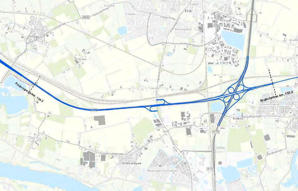 4 Uitgangspunten 4.1 Onderzoeksgebied Het onderzoek richt zich op de A15 nabij Oosterhout, zoals weergegeven in afbeelding 4-1 (tussen km 156.5 en km 163,2).