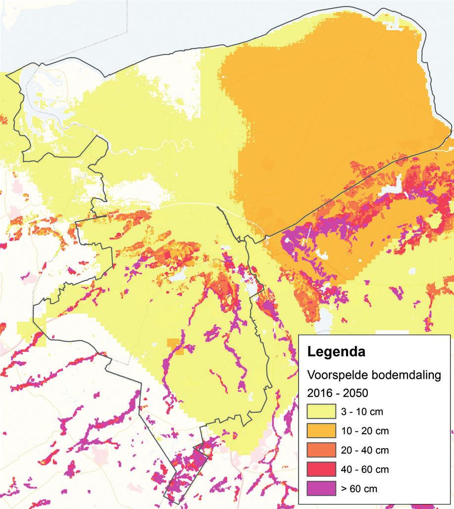 Figuur 2: Veendiktes binnen Noorderzijlvest Figuur 3: Inschatting bodemdaling 2016-2050 (Alterra, 2014), is opgenomen in de Bodem- (t.g.v. veenoxidatie én grondstofwinning) kaart 1:50.