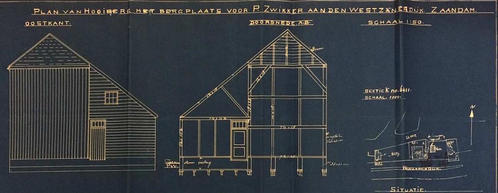 Bouwtekening voor de hooiberg bij de boerderij Westzanerdijk 428, gebouwd in 1928. Pieter liet in 1928 een hooiberg ten oosten van de boerderij bouwen.
