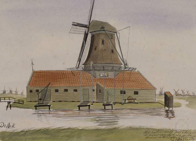 Molen Het Kind van Weelde alias de Bok, getekend door Gerrit Mol.