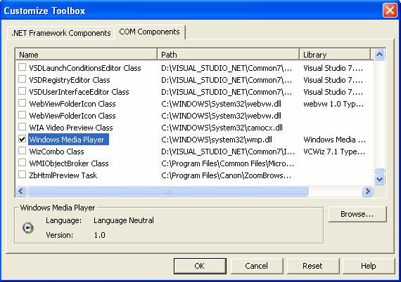 5. Een COM control toevoegen aan de Visual Studio toolbox We hebben reeds het MediaPlayer COM component toegevoegd aan ons project in deel 4 van deze tutorial.