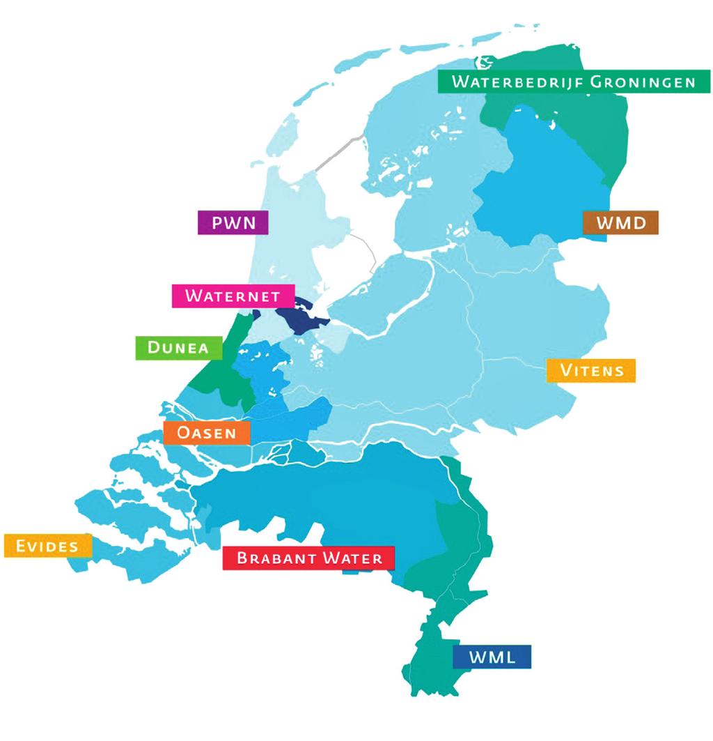 Afbeelding 1: Nederland kent tien drinkwaterbedrijven, die allemaal een eigen distributiegebied hebben.
