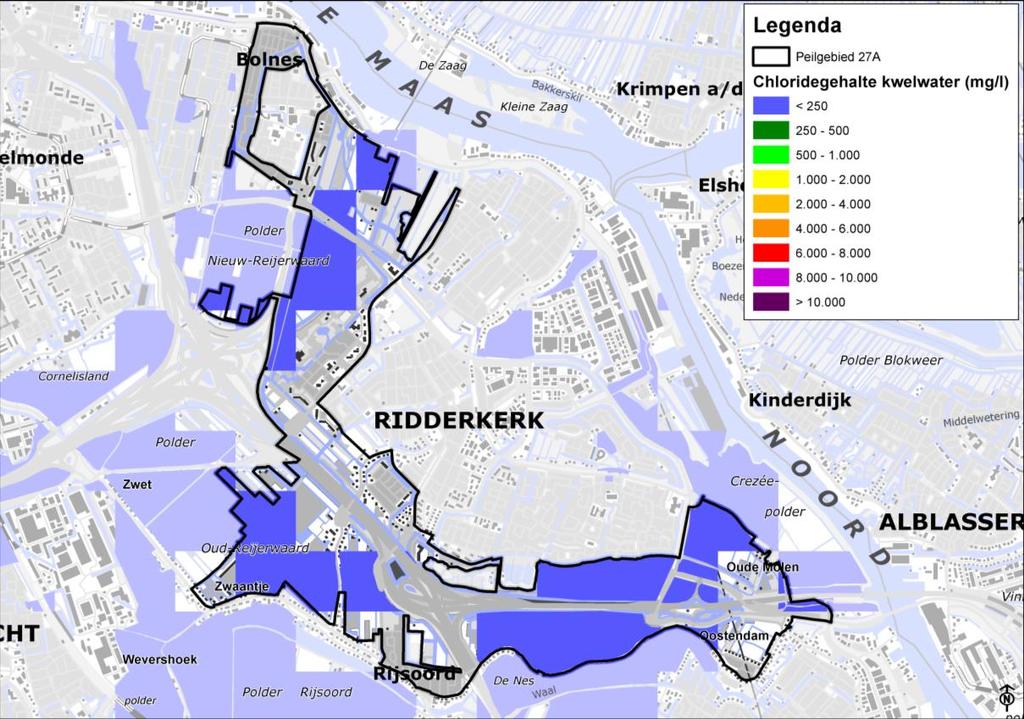 3.3.4 Verzilting Het chloride van het grondwater in heel peilgebied 27A zit onder de 250 mg/l.