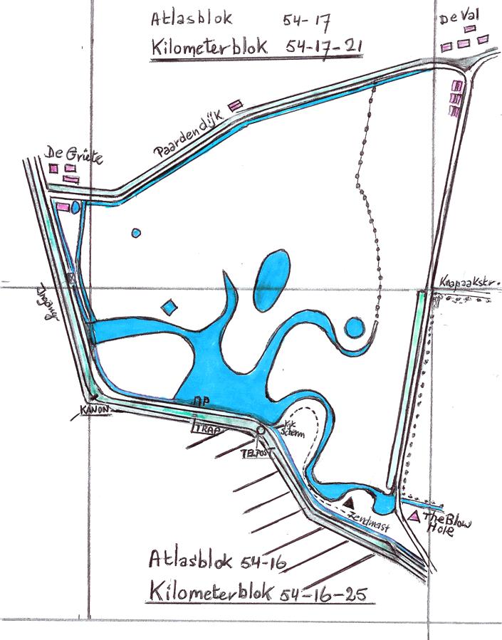 Kilometerblok 54 17-21 C D Overzichtskaart van de voorkomende biotopen -- - - = Afzetting (paaltjes/prikkeldraad) A = Ruige grassen (zie gebiedsbeschrijving) B B = Plas-dras gebied met ruige grassen