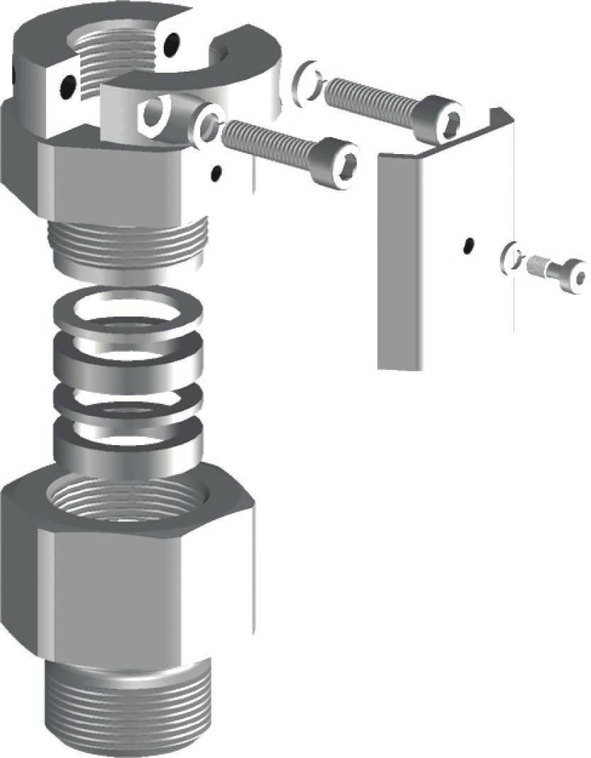 4 Montage 8. Borgbeugel (4) met de bevestigingschroef (6) en de veerring (5) aan de zijkant op de drukschroef bevestigen Daardoor zijn de drukschroef en de klemschroeven geborgd tegen losraken.