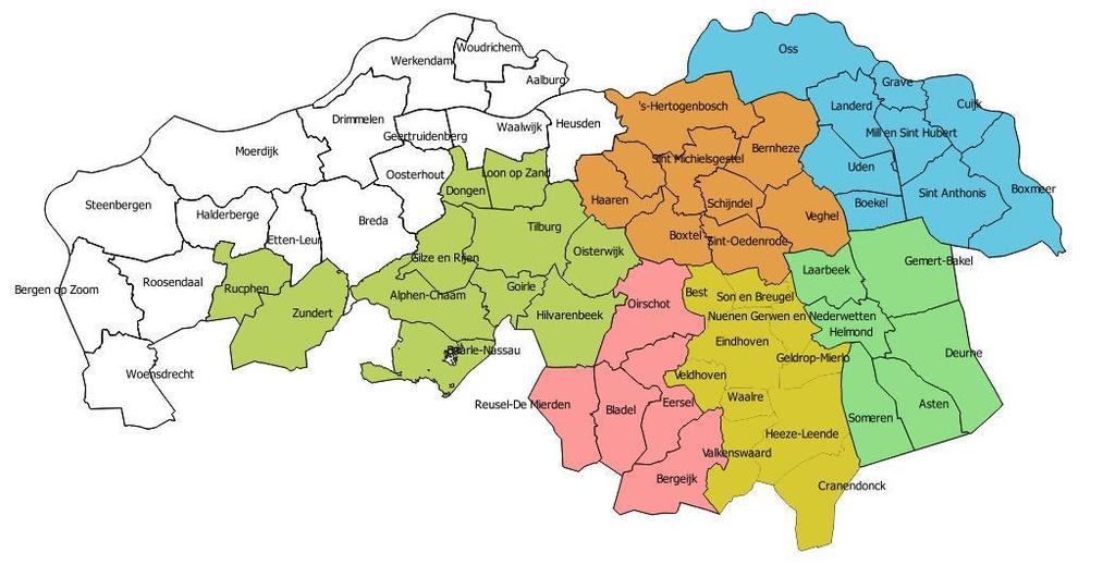 Er zijn zes deelregio s in Midden en Oost-Brabant benoemd. De gemeente Gemert-Bakel is in een regio ingedeeld samen met de gemeenten Laarbeek, Helmond, Deurne, Asten en Someren.
